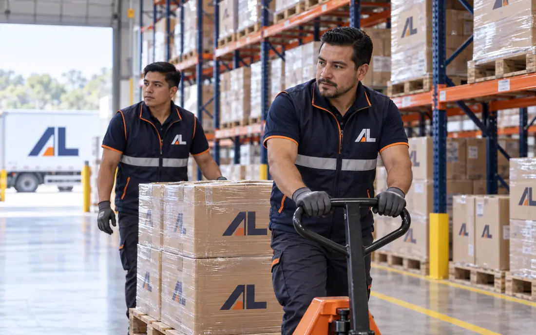 Movimiento de tarimas en pasillo de racks